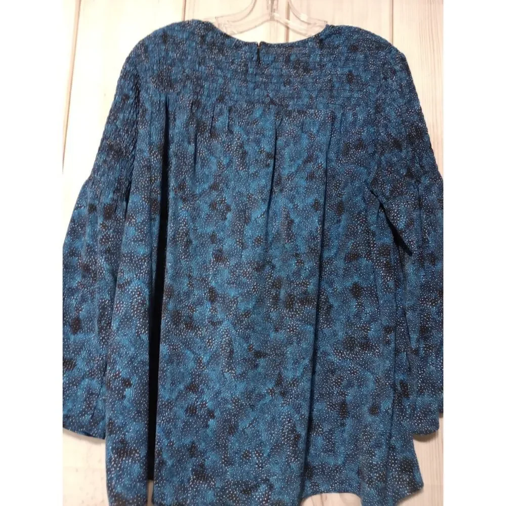 Michael‎ Kors Blue Black Abstract Dot Smocked Yoke Blouse Top Large